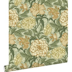 ESTAhome behang vintage bloemen groen en okergeel - 0,53 x 10,05 m - 139379