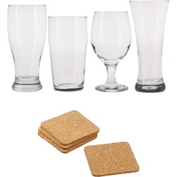 Speciaal bierglazen - 8x st - 4 soorten - incl. onderzetters - 8x st - 9 x 9 cm - Bierglazen