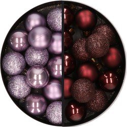 28x stuks kleine kunststof kerstballen lila paars en mahonie bruin 3 cm - Kerstbal