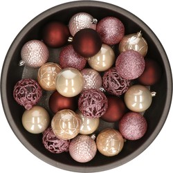 Kerstballen 37x stuks roze/donkerrood/champagne kunststof 6cm - Kerstbal