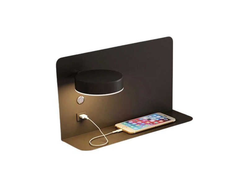 Wandlamp met draaibare LED verlichting, planchet en usb aansluiting zwart links - 