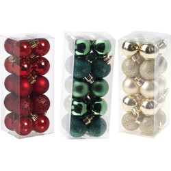Kleine kunststof kerstversiering 60x stuks set en 3 cm kerstballen in het rood-goud-groen - Kerstbal