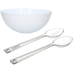 Salade serveer schaal - wit - kunststof - Dia 25 cm - inclusief sla couvert/bestek - Serveerschalen