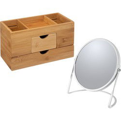 5Five Make-up organizer en spiegel set - lades/vakjes - bamboe/metaal - 5x zoom spiegel - Make-up dozen