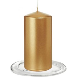 Trend Candles - Stompkaarsen met glazen onderzetters set van 2x stuks - goud metallic 6 x 12 cm - Stompkaarsen