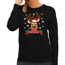 Bellatio Decorations foute kersttrui/sweater dames - Rendier - zwart - Merry Christmas XS - kerst truien