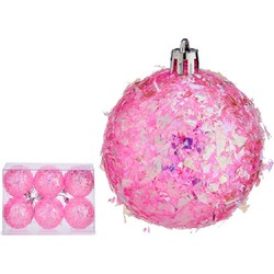 Krist+ kerstballen - 6x stuks - roze - kunststof - glitter - Kerstbal