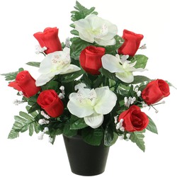 Louis Maes Kunstbloemen plantje in pot - wit/rood - 28 cm - Bloemstuk ornament - rood/bladgroen - Kunstbloemen