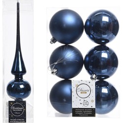 Blauwe kerstversiering/kerstdecoratie set piek en 6x kerstballen 8 cm glans/mat - Kerstbal