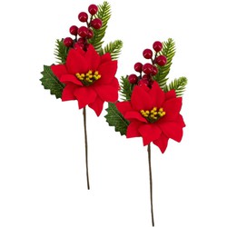 6x stuks kerststukje stekertjes met hulst/bessen/dennentak/kerstster groen/rood 26 cm - Kerststukjes