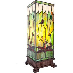 LumiLamp Tiffany Tafellamp  18x18x45 cm Groen Bruin Glas Vierkant Libelle Tiffany Bureaulamp