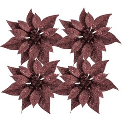 4x stuks decoratie bloemen kerstster donkerrood glitter op clip 18 cm - Kunstbloemen