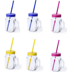 6x stuks drink potjes van glas Mason Jar geel/blauw/roze 500 ml - Drinkbekers