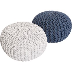 SVJ Poefs Rond - 55 x 55 x 37 cm - Katoen - Wit/Blauw - Set van 2