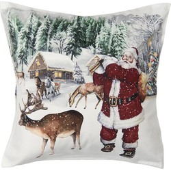 Clayre & Eef Kussenhoes  45x45 cm Wit Polyester Vierkant Kerstman Sierkussenhoes