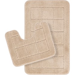 Badmat Set WC Mat - Badkamer, Douchemat, Toiletmat - Machinewasbar Antislip Hoogpolig Badkleed NOELLE - Beige - 80x50 cm/50x40 cm 