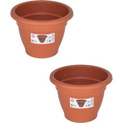 Set van 2x stuks terra cotta kleur ronde plantenpot/bloempot kunststof diameter 14 cm - Plantenpotten