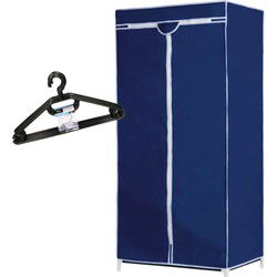 Set van mobiele opvouwbare kledingkast met blauwe hoes 160 cm en 10x plastic kledinghangers zwart - Campingkledingkasten