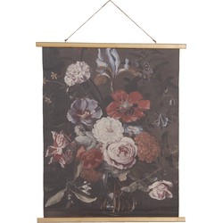 Clayre & Eef Wandkleed  80x100 cm Zwart Roze Hout Textiel Rechthoek Bloemen Wanddoek