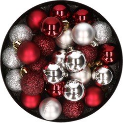 28x stuks kunststof kerstballen zilver en donkerrood mix 3 cm - Kerstbal