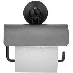 Berilo Toiletrol houder voor de wand - RVS - 13 cm - mat zwart - voor 1 rol - met ophang zuignap - Toiletrolhouders
