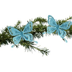 2x stuks kerstboom decoratie vlinders op clip glitter blauw 14 cm - Kersthangers