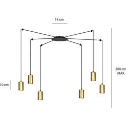 Turku goud en zwarte regelbare spider hanglamp met 6 gouden kokers metaal GU10