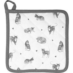 Clayre & Eef Pannenlap  20x20 cm Grijs Wit Katoen Vierkant Katten Afgiet Pannenlap