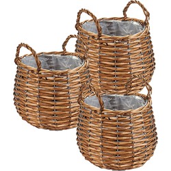 Set van 3x stuks plantenbak manden gevlochten riet met binnenmand 23 x 23 x 16,5 cm - Plantenbakken