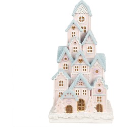 Clayre & Eef Gingerbread house met LED 13x13x26 cm Roze Kunststof Peperkoekhuisje