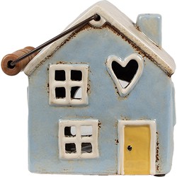 Clayre & Eef Waxinelichthouder Huis 16x11x15 cm Blauw Beige Keramiek Theelichthouder