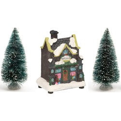 Kerstdorp verlicht kersthuisje speelgoedwinkel 12 cm inclusief 2 kerstboompjes - Kerstdorpen