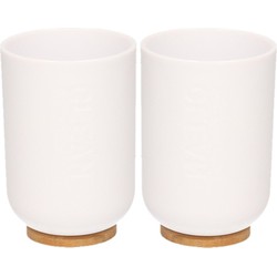 2x Plastic badkamer beker met bamboe 11 cm - Badkameraccessoireset