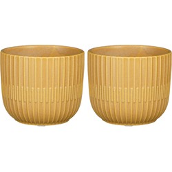 2x Stuks Plantenpot/bloempot keramiek mat okergeel stripes patroon - D11/H9 cm - Plantenpotten