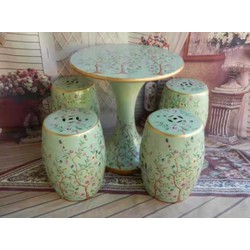 Fine Asianliving Ceramic Garden Stool Table Set Mint Flowers Handmade