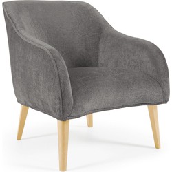 Kave Home - Bobly fauteuil in donkergrijs chenille en houten poten en natuurlijke afwerking