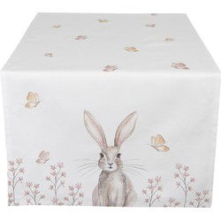 Clayre & Eef Tafelloper  50x140 cm Wit Bruin Katoen Rechthoek Konijn Tafelkleed