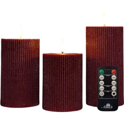 Stompkaars ribbel wax led 3d vlam op batterij met afstandbediening set van 3 d7.5h10/12.5/15 cm bordeaux