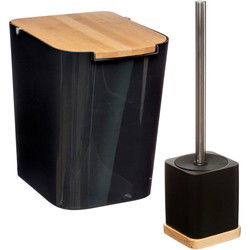 Badkamer/toilet accessoires set - WC-borstel in houder en prullenbak - zwart - bamboe - 5 liter - Badkameraccessoireset