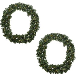 Set van 2x stuks kerstkransen/dennenkransen groen met warm witte verlichting en timer 60 cm - Kerstkransen