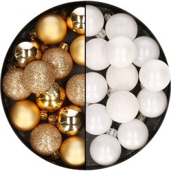 28x stuks kleine kunststof kerstballen wit en goud 3 cm - Kerstbal