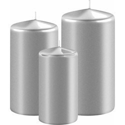 3x stuks metallic zilveren stompkaarsen 10-12-15 cm - Stompkaarsen