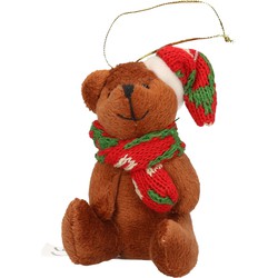 Kersthangers knuffelbeertjes bruin met gekleurde sjaal en muts 7 cm - Kersthangers