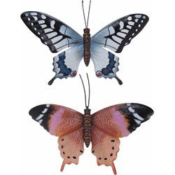 Vlinders - 2x - metaal - bruin/blauw - 44 x 31 cm - Tuinbeelden
