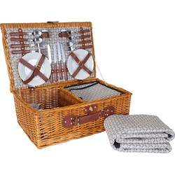 Cosmo Casa Picknickmand Set - Voor 4 Personen - Rotan Mand + Koelvak + Picknickdeken - Porselein Roestvrijstaal - Beige