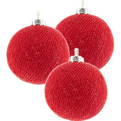 3x Rode Cotton Balls kerstballen decoratie 6,5 cm - Kerstbal