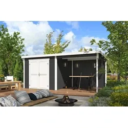 Outdoor Life blokhut Lars met overkapping carbon grey-wit, 520 x 250 cm