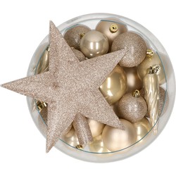 Bellatio Decorations set 33x stuks kunststof kerstballen met ster piek champagne - Kerstbal