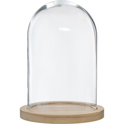 Atmosphera Home decoratie glazen stolp op houten plateau - glas/lichtbruin - D15 x H24 cm - Decoratieve stolpen