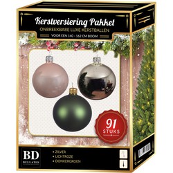 Zilveren/donkergroen/lichtroze kerstballen pakket 91-delig voor 150 cm boom - Kerstbal